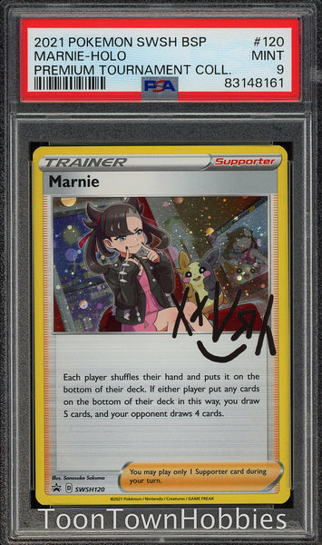 PSA 9 Pokemon Card - Marnie SWSH120 - Premium Tournament Collection Promo