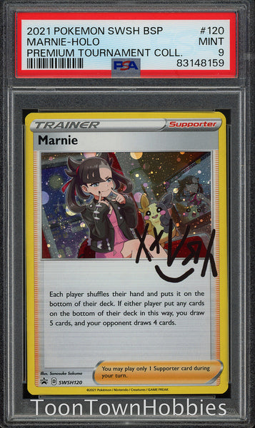 PSA 9 Pokemon Card - Marnie SWSH120 - Premium Tournament Collection Promo